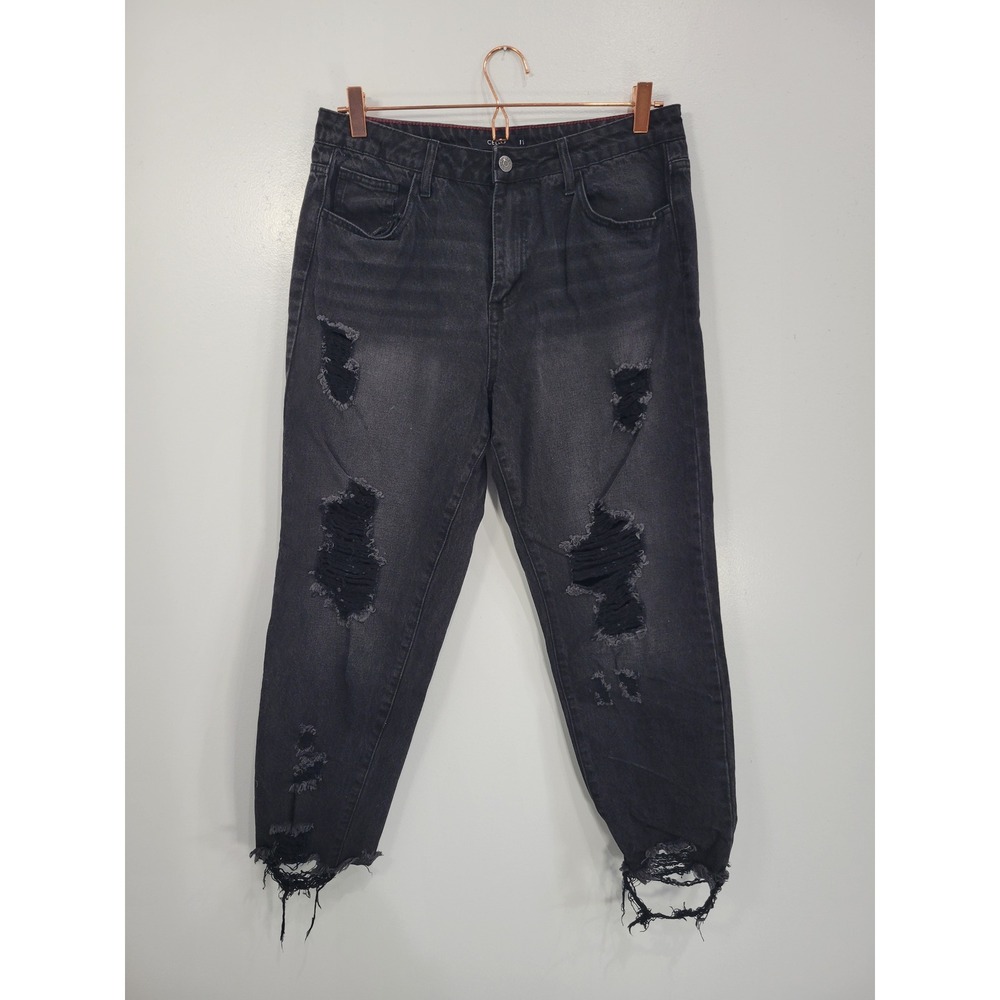 Cello Womens High Rise Distressed Mom Jeans Faded Black Ripped Raw Hem Size 11